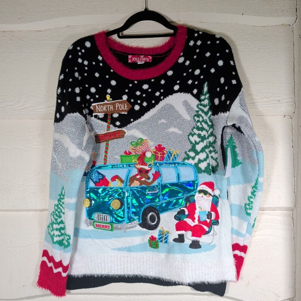 Jollidays Claus a Scene Camper Van Santa Crewneck Ugly Christmas Sweater